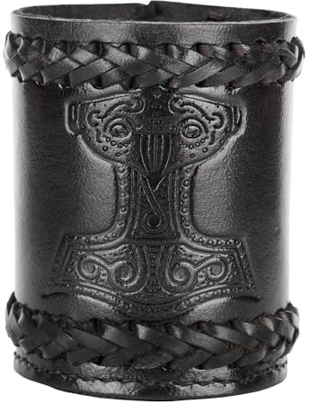 Ulfberth - Hochwertiger Wikinger Würfelbecher mit Mjölnir Motiv, echtes Leder, Mittelalterlicher Lederbecher, LARP, Reenactment (Schwarz Thorshammer)