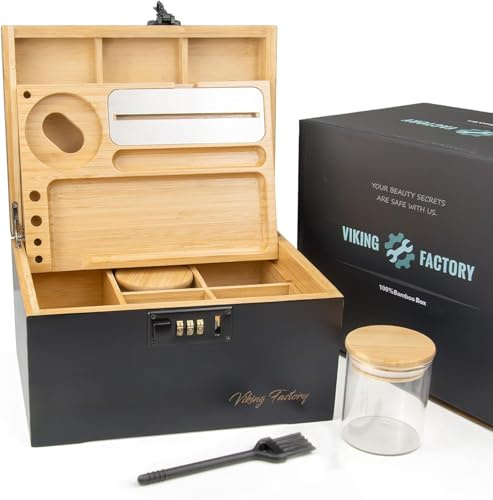 Viking Factory Bamboo Storage Box with Lock & Removable Desktop Tray - Large Decorative Wooden Keepsake Chest for Office & Home - Premium Stationery & Accessory Organizer- Black