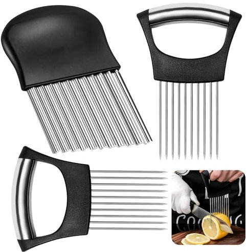 2 piezas cortador de cebolla ayuda de corte, soporte de cebolla de acero inoxidable, cuchillo de onda para las verduras Adecuado para cortar patatas, zanahorias, cebollas, verduras, carne, Etc