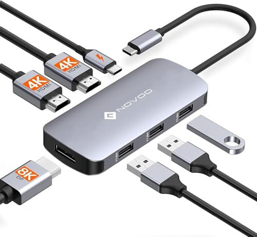 NOVOO 7-in-1 Docking Station Dual Monitor, Hub UBS C auf 2 HDMI 4K, Displayport 8K, 100 W PD, USB x 3, Triple Display Docking Station für Dell, HP, Lenovo, ASUS, Microsoft