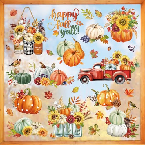 decalmile Pegatinas de Ventana Hojas Otoño Flores Calabaza Girasol Camión | Anticolisión Calcomanías Estáticas, Vinilos para Ventanas, Impresión a Doble Cara, Impermeable, Reutilizables, Removible