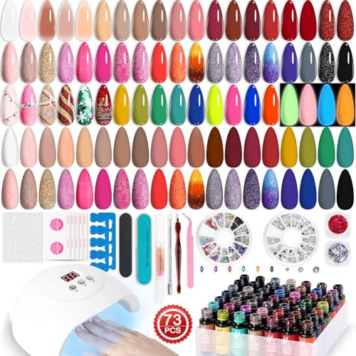 Lavender Violets 73 Pcs Gel Nail Kits with UV Lamp, Jelly Gel Nail Polish/Neon/Glow in the Dark 45 Colors,Pre Primer,Base,Matte & Top Coat,54W LED Light Rhinestones Manicure LA00
