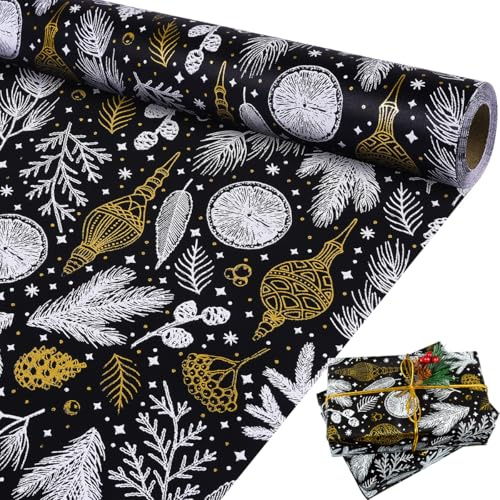 Weihnachten Geschenkpapier Rolle, Schwarz Weiß und Goldfolie Weihnachtsgeschenkpapier für Kinder und Erwachsene, mattes Geschenkpapier Kraftpapier Rolle für Weihnachten Neujahr, 43 cm x 10 m