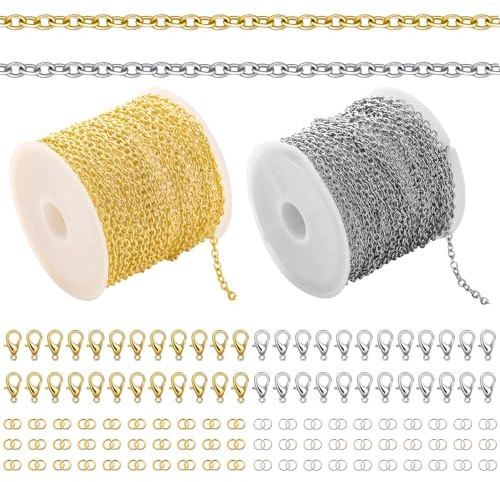 Graplan 2 STK 5M Gliederkette Meterware Silber, Gold für Schmuckherstellung Mit 120 Biegeringe und 60 Karabinerverschlüssen, Ketten Basteln für DIY Halskette