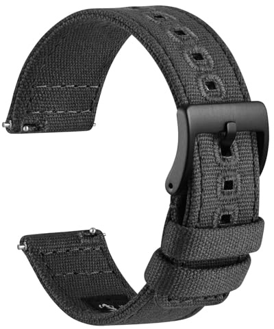 WOCCI 20mm Watch Band, Canvas Fabric, Quick Release, Replacement Strap, Black Buckle (Dark Gray)