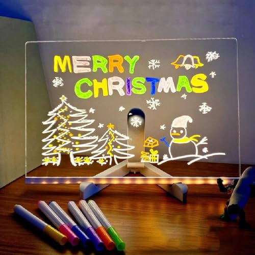 LED-Notiztafel mit Farben, beleuchtetes trocken abwischbares Acrylbrett, Acryl-Nachrichtenbrett, beleuchtetes Acryl-Haftnotizbrett mit Farben, Notizblock mit verstellbarem Ständer und 7 Stiften (30 x