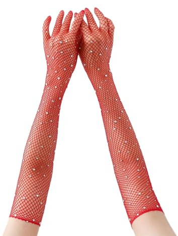 8 Paar Lange Netzhandschuhe Damen Fischnetz Handschuhe Netzärmel Netz Armstulpen Spitzenhandschuhe Fishnet Gloves Mode Opernhandschuhen Rock Handschuhe für Hochzeiten Opern Dinnerpartys Prom (Rot)