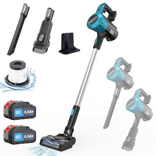 Akku Staubsauger, Ersetzen für Makita 20V, Bürstenlos Akku Sauger Tragbar Handstaubsauger 15000Pa, Multifunktionaler mit 2x5500mAh Akkus, 6 Zubehör, für Tierhaare, Zuhause und Auto