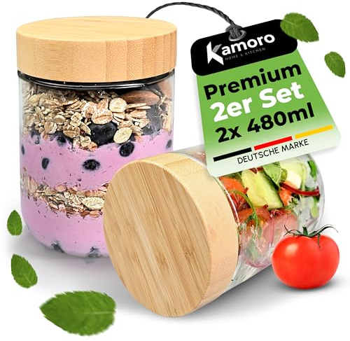 Overnight Oats Gläser 2er Set – Luftdichte Vorratsgläser mit Bambusdeckel 480 ml – Ideal für Overnight Oats, Müslibecher to go, Porridge, Joghurt & Marmelade - Nachhaltige Meal Prep Gläser