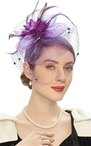 OWEIEYEU Braut-Kopfbedeckung, Fascinator für Damen, Teeparty, Stirnband, Hochzeit, Blume, Netzschleier, Fascinator, violett, Einheitsgröße