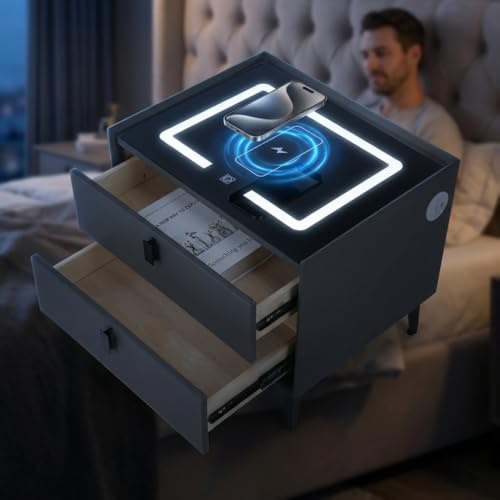 Oyajia Schwarz Smart Nachttisch mit Funktion des Mobiltelefons kabelloses Aufladen, Nachttisch mit LED-Licht, 2 Schubladen Bettschrank, Kommode, Wohnzimmer, Schlafzimmermöbel. 50Bx33Lx40Hcm