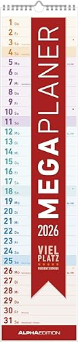 Alpha Edition - Megaplaner 2026 - Calendario de rayas de 14,5 x 64 cm con mucho espacio para notas y fechas de vacaciones, planificador de pared claro y calendario de cocina para el hogar, la oficina