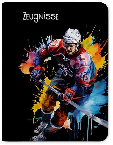 CreaDesign Zeugnismappe A4 – Eishockey Spieler – für Jungen – Dokumentenmappe mit 10 Klarsichthüllen