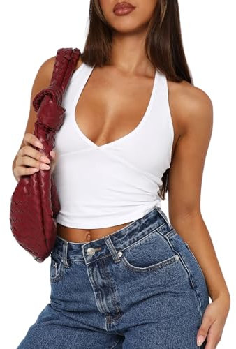 OYIGELZ Damen Tank Top Sexy Y2K Slim fit Oberteile Klassischer Schnitt Basic Shirt Tiefer V Ausschnitt Sommer Ärmellose Neckholder Crop Tops(Weiß-T1,L)