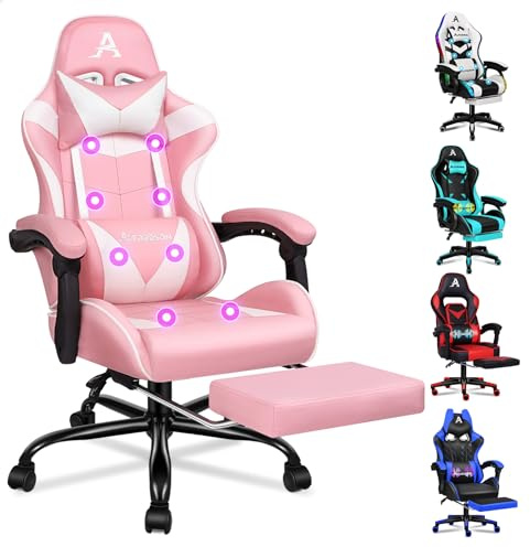 ALFORDSON Gamer-stol, spelstol med infällbart fotstöd, racingfåtölj med 8 massagepunkter, 150° lutning, ergonomisk kockfåtölj, PU-läder, höjdjusterbar, 180 kg bärkraft, rosa