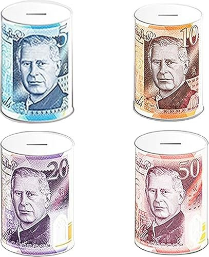 Set of 4 - Pound Note Design Money Tin - Piggy Bank Savings Box for Coins and Cash | Sterling Money Pot Tinplate Saving Money Box |£5 £10 £20 £50 | Size: 15cm x 10cm (King note design)