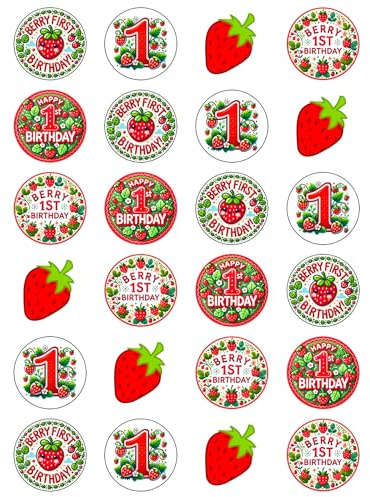 24 x Berry 1st Birthday Edible Cupcake Toppers – Wafer Card or Icing – First Birthday Themed Party Decorations Perfect For Brownies Cookies Muffins & More! (Edible Wafer Card)