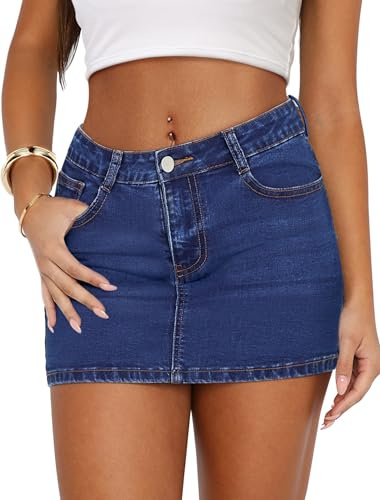 IWD Denim Mini Skirt Women Casual Stretch Jean Skirt Zip Fly Low Waisted Denim Skirt with Pockets Dark Blue X-Large