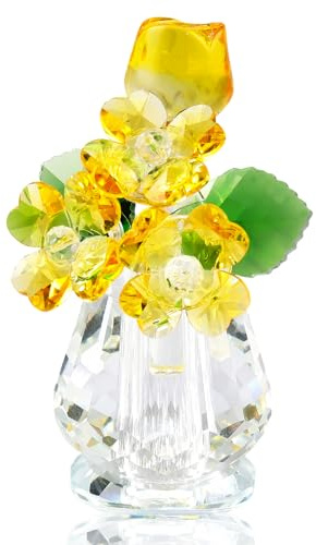 Arikyrist Crystal Yellow Bouquet Figurine, Gifts for Women Flower Ornaments | Crystal Yellow Rose Flower Figurines Handmade Flowers Bouquet Gifts for Mum Wife Girlfriend Glass Rose Ornaments for Home