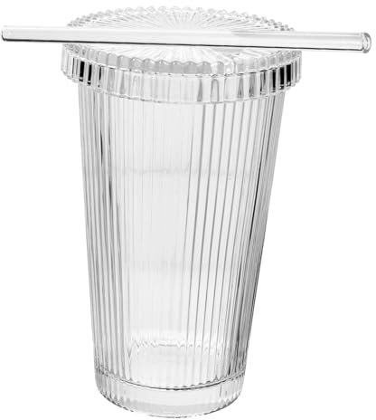 GLEAVI Vaso De Vidrio De Borosilicato con Rayas Verticales Capacidad Grande Pajita Extraíble para Jugos Té Café Frío y Bebidas Frías Resistente y Fácil De Usar