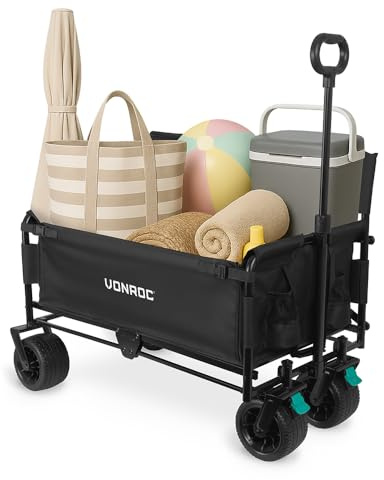 VONROC Carrello Pieghevole con Seduta 2-in-1 – Carrello da Giardino e Spiaggia – Portata 120kg – 115L – Ruote Anti-Foratura – Telaio in Acciaio – Richiudibile con Custodia – Nero