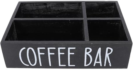 Miskall Organisateur de station de café avec séparateur en bois, boîte de rangement pour accessoires de bar à café, sachets de thé, support de dosettes de café pour comptoir de cuisine, (Noir)