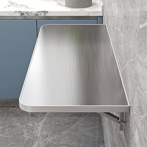 Mesa Plegable con Tablero de Metal, Banco de Trabajo Plegable de Pared, Mesa de Cocina Plegable con Soportes de Acero Ajustables, Ahorra Espacio. Ideal para Dormitorio, baño, Sala de Estar,