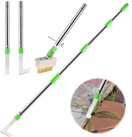 Strumento per rimuovere erbacce da patio con manico lungo, raschietto per erbacce e set di spazzole per erbacce, 152,4 cm, strumento per rimuovere erbacce e muschio, 3 diversi strumenti per erbacce