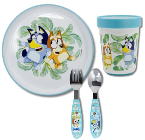 Stor, Vajilla Infantil, Set de Cubiertos Infantiles con Plato y Vaso Reutilizables, Base de Silicona Antideslizante, (Plato, Vaso, Tenedor y Cuchara Acero Inoxidable) (Bluey)