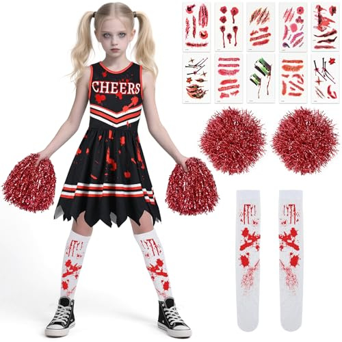 KOOOGEAR Zombie Horror Cheerleader Kostüm für Mädchen mit Pompons & Bluttattoo-Aufkleber, Halloween Fasching Karneval Kostüm (L)