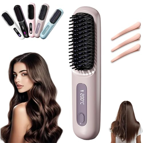 Eloura Berlin, Eloura Tragbare Bürste Glätten, Locken, Trocknen, Haarglätter Bürste Kabellos 160°c-200°c Mit LED Anzeige Und 3 Temperatureinstellung, Haarpflege Mit Keramikbeschichtung (Lila)