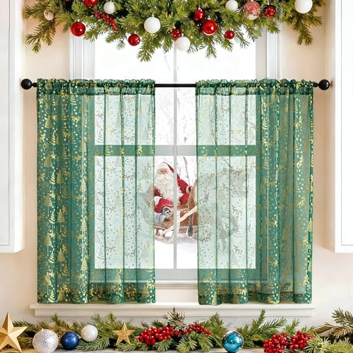 Songella Tende Natalizie Tende per Interni Semi Trasparente Oscuranti per Interni per Camera da Letto Soggiorno Casa 2 Pezzi Verde 63.5 * 93.5 cm