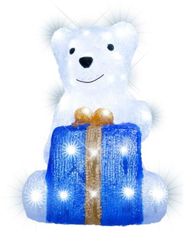 LEALIGHT blachere illumination Decorazione luminosa con orso seduto a LED, bianco puro, acrilico IP44, 60 LED, con flash animato + regalo blu-oro – personaggio natalizio esterno & interno