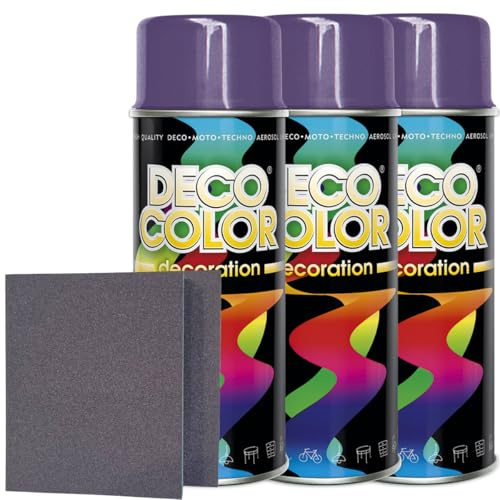 Craft-Equip DC 3er Sparpack Lackspray nach RAL in 400ml zur Lackierung von Auto Stahl Aluminium Beton Holz und 2 Stück Schleifpads (3 Dosen in violett glanz RAL 4005 + 2 Stück Schleifschwamm)