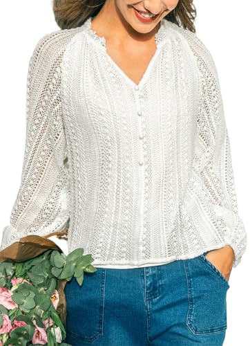 CUPSHE Blusa para Mujer de Encaje Manga Larga Tops Elegantes Cuello en V Algodón Botones Frontales Cuello con Volantes Camisa de Punto Casual, blanco, M