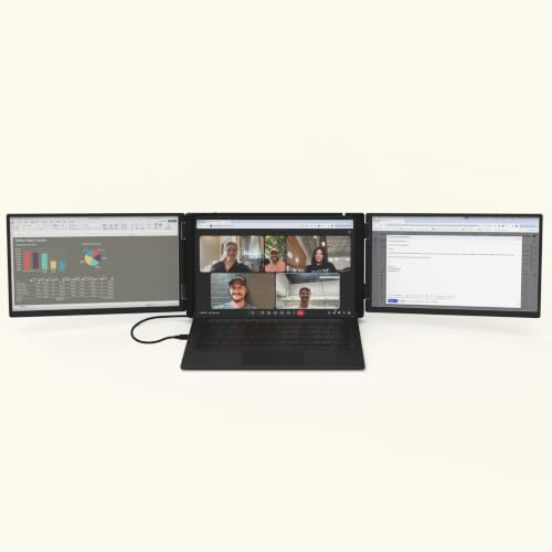 Xebec Tri-Screen 3 for PCs | Portable Triple Monitor Screen Extender | Two 13.3 FHD displays, single USB-C cable setup, patented tension mount, 60W pass-through, free case, fits 13-18 laptops