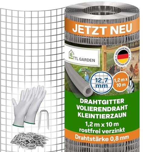 TTL GARDEN 1,2x10m Drahtgitter 12,7mm Masche 0,80mm Draht auf Rolle - feinmaschig rostfrei verzinkt Stärke 12,7 mm Maschenweite Volierendraht Maschendraht Hasendraht Wühlmausgitter 10m x 1,2m breit