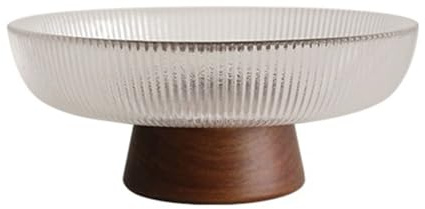 FUHAI-666 Tazones de Frutas Frutero de Cristal Acanalado con Base Madera. Plato Decorativo Moderno for Servir en la Mesa Cocina o el Comedor(Pequeño)