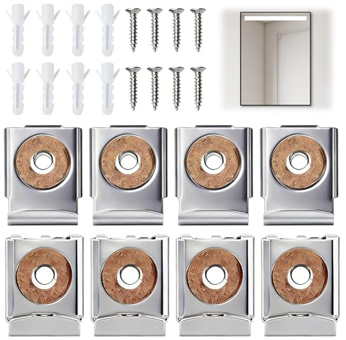 8 Stück Spiegelhalterung Wand für Schwere Spiegel, Höhenverstellbar mit Kork Für schwere Spiegel Bilder bis 20kg, 4-6mm Dicke, Inkl Dübel & Schrauben – Aus Edelstahl Für Bad, Wohnzimmer Flur