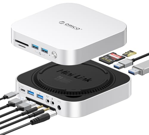 ORICO MiniLink Hub USB para Mac Mini M4 con Alojamiento para SSD M.2 NVMe/SATA, Dock en Aluminio 9 en 1, 2× USB‑A a 10 Gbps, 2× USB‑A 2.0, Lectores SD/TF 3.0, Conector de 3,5 mm – M49P