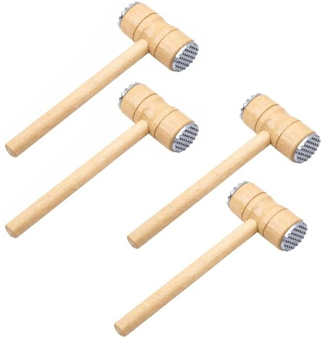 RIZZIIZ Meat Tenderizer Hammer, Wooden, Double-Sided, Meat Mallet with Metal Textured Head, Multipurpose, Cooking Accessory Set, Tenderizer for Home Kitchen, Restaurant and BBQ Use, (4PCS)