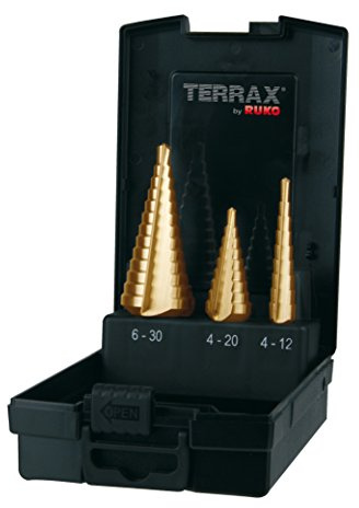 RUKO Stufenbohrersatz HSSTiN Terrax Gerade Nut in Rose Box - A101126TRO | TiN-beschichtet und gerade genutet; mehrere Lochgrößen ohne Werkzeugwechsel für Bleche, NE-Metalle und Kunststoffe.