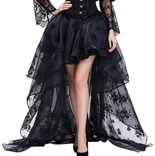 Zooma Jupe Noire pour Femme Punk asymétrique Robe Steampunk Cocktail Mousseline Dentelle Party Jupe Cosplay