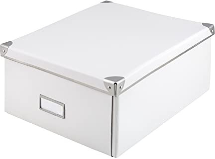 Idena 10519 – förvaringslåda av fast kartong, lock med förstärkta kanter av metall, låda för allmän användning i vitt inklusive märkfält, för hushållsorganisation, kontor och arbetsrum