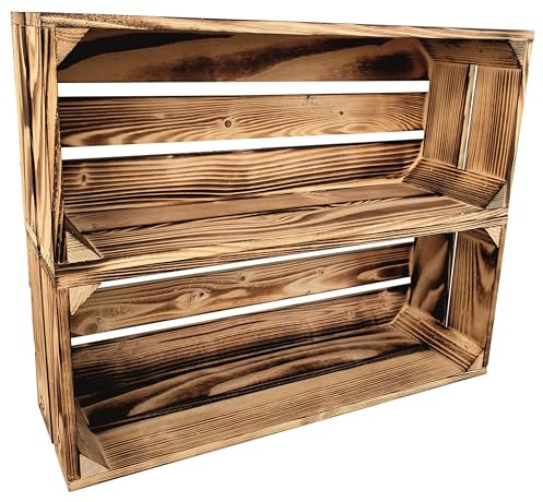2er Set Holzkiste Groß Aus Holz - massive Weinkisten Vintage 50x20x15cm - Holzbox Für Aufbewahrung, Holzregal - Robuste Obstkisten & Apfelkisten - Deko Kiste Für Küche, Wohnzimmer - Kiste Geflammt