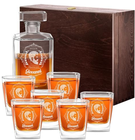 Maverton Decanter per Whisky in vetro, incisione personalizzata | Caraffa in vetro da 700 ml + 6 Set bicchieri whisky, idea regalo per l’uomo, uomo