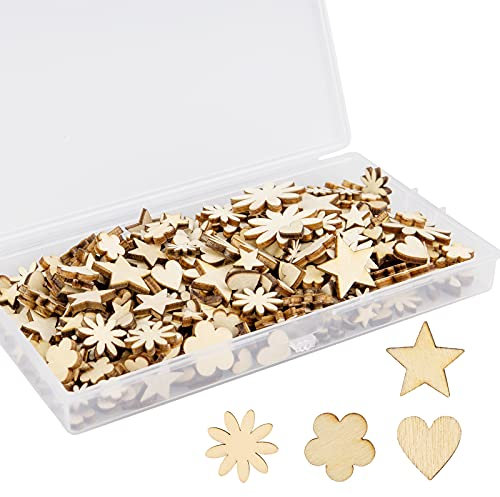 TAIYOU 300 Pezzi Mini Fette di Stelle in Legno Piccolo Cuori 4 Forme Stella Fiore Cuore Trucioli Naturale Dimensioni Miste per Matrimonio Natale Tavolo Scrapbooking DIY