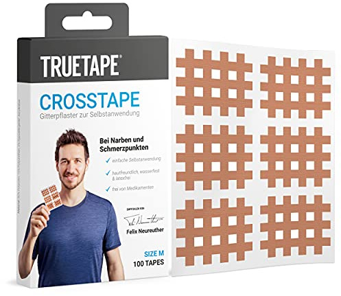 TRUETAPE® Crosstapes, 100 Gitterpflaster, Größe M | 100 mittelgroße Gitterpflaster inkl. Anleitung, wasserfest, extra starker Halt & originales Akupunkturpflaster