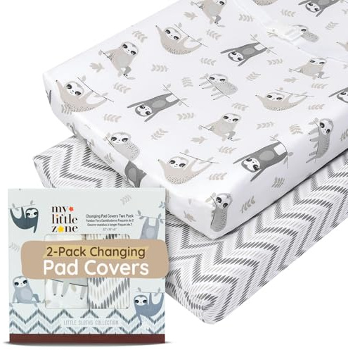 My Little Zone Skötdyna skydd chevron och sengångare – bomullsskötbord madrassdyna för baby – neutral, grå och vit, 2-pack