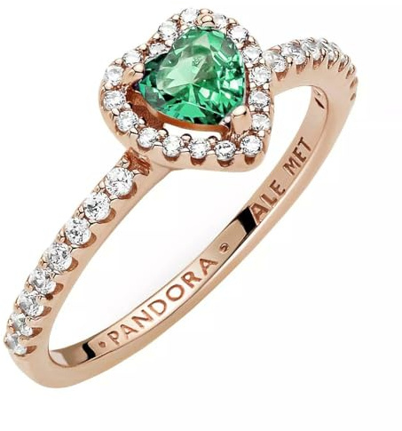 PANDORA Timeless Ring Herz, 14-karätig Roségold-vergoldet, mit grünem Kristall und klarem Cubic Zirkonia
